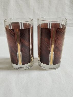 Libbey Brown Wood Grain and Gold Stripe Drinking Glasses Pair